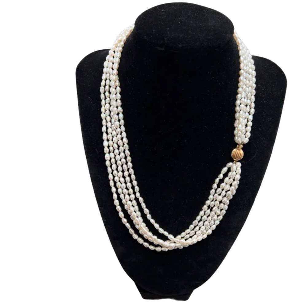 VINTAGE 5 STRAND RICE FRESHWATER PEARL 18" NECKLACE WITH 14k BALL CLASP CLOSURE